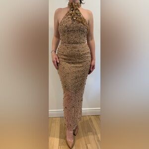Albina Dyla Elegant Gold Beaded Evening Dress